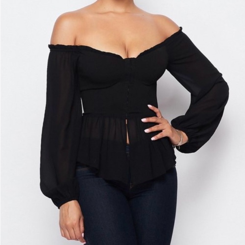 Black Off Shoulder Bell Sleeved Sheer Peplum Top